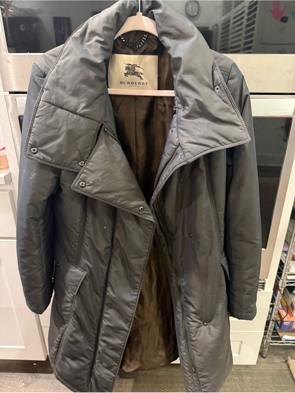 Burberry London Women’s Gray Padded Belted Long Coat Size L